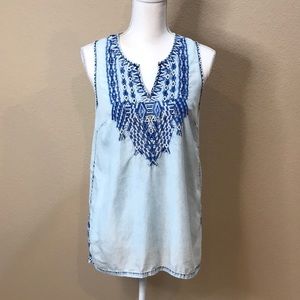 LUCKY BRAND Embroidered Blue Tunic